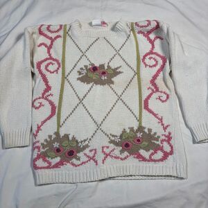 Basket‎ of Yarn Vintage Floral Knit Sweater with Pink Roses and Swirl Pattern M